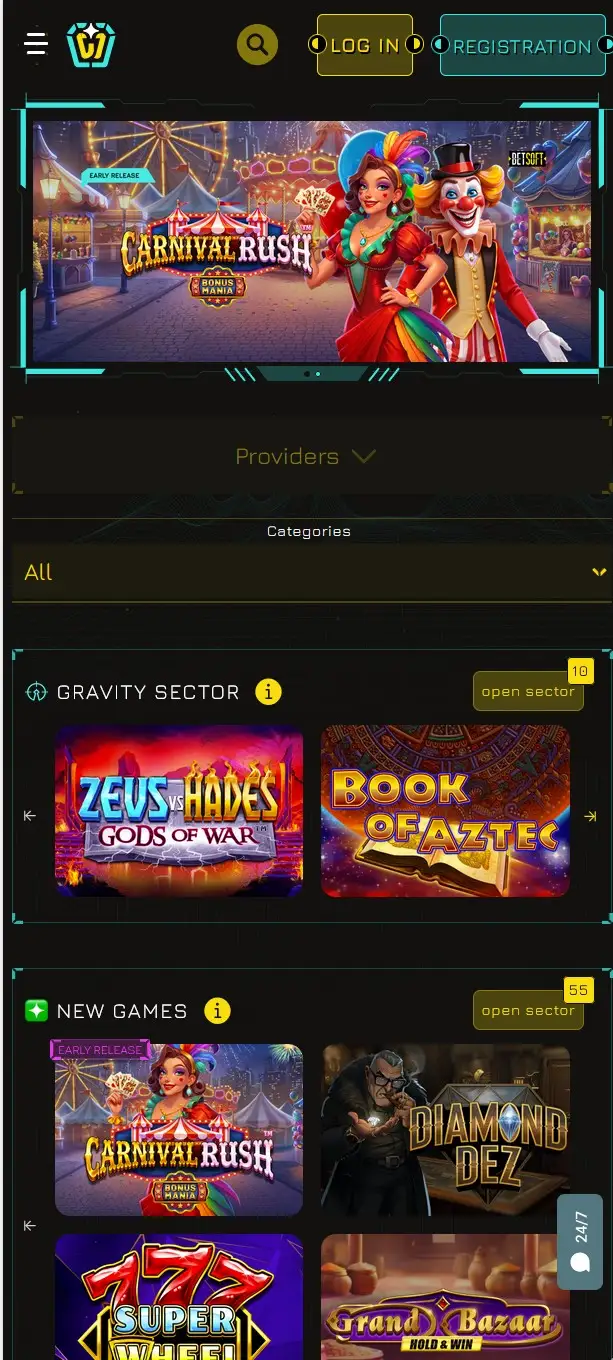 Winity Casino interface on a smartphone